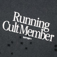 'Running Cult Member' on a dark background with 'Satisfy' underneath.