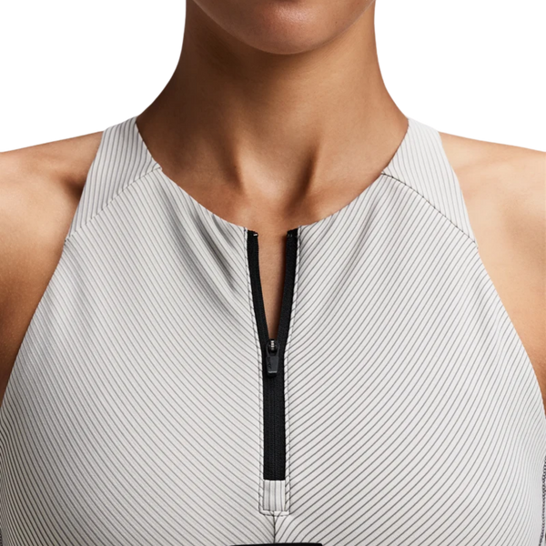 Bandit Running Women's Striped Cadence™ Zip Front Race Crop - Plaster/Slate