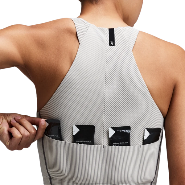 Bandit Running Women's Striped Cadence™ Zip Front Race Crop - Plaster/Slate