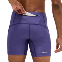 Purple athletic shorts with a pocket on a white background