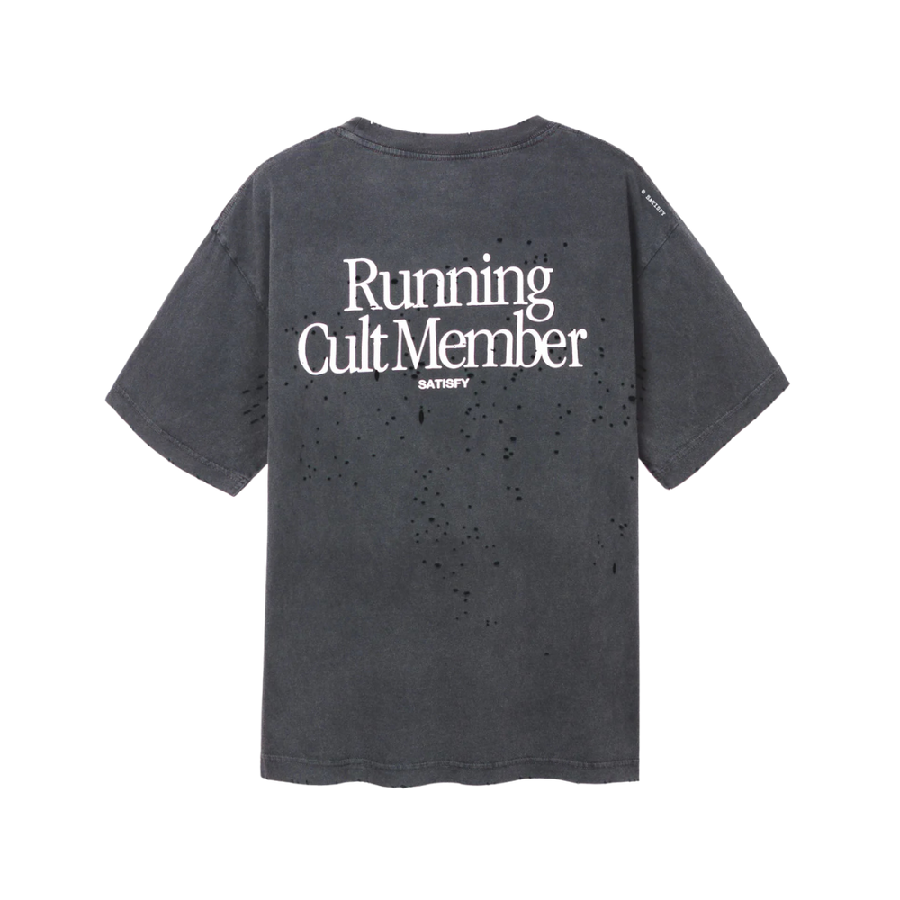 Black t-shirt with 'Running Cult Member' text on the back against a white background