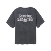 Black t-shirt with 'Running Cult Member' text on the back against a white background