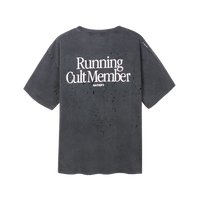 Black t-shirt with 'Running Cult Member' text on the back against a white background