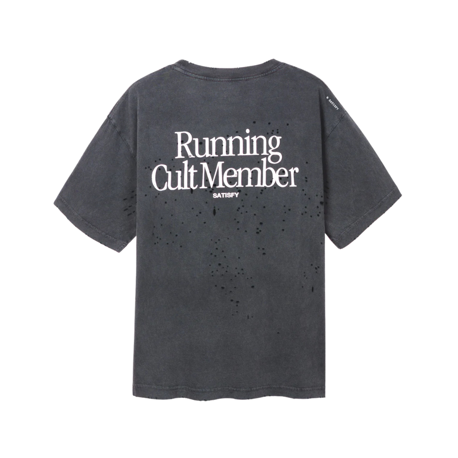 Black t-shirt with 'Running Cult Member' text on the back against a white background