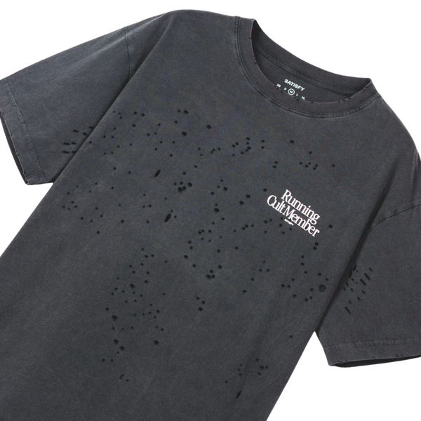 Satisfy Black t-shirt with a logo on a white background