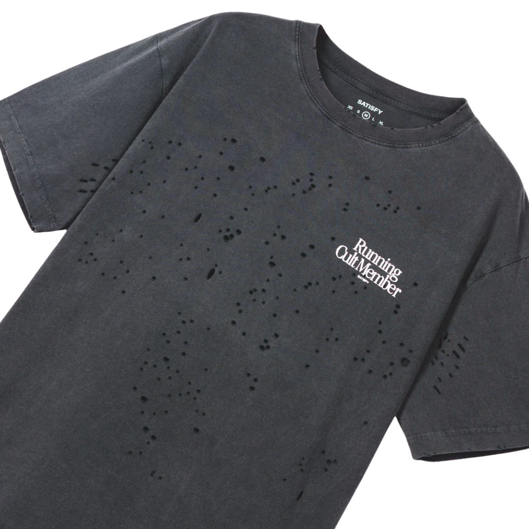 Satisfy Black t-shirt with a logo on a white background