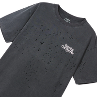 Satisfy Black t-shirt with a logo on a white background