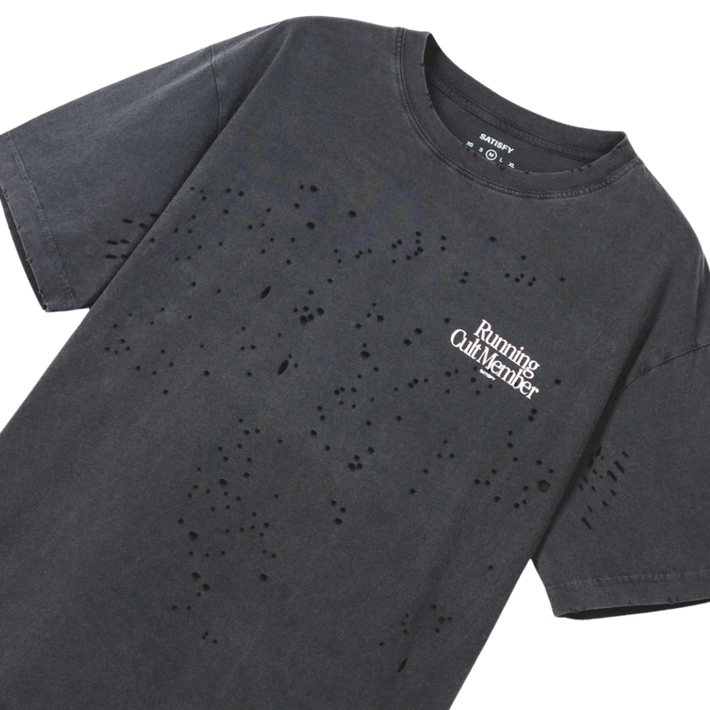 Satisfy Black t-shirt with a logo on a white background