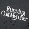 'Running Cult Member' on a dark background with 'Satisfy' underneath.