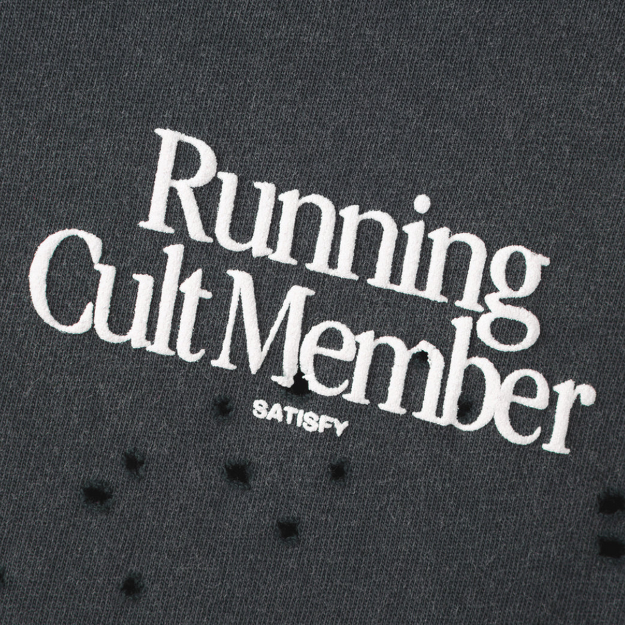 'Running Cult Member' on a dark background with 'Satisfy' underneath.