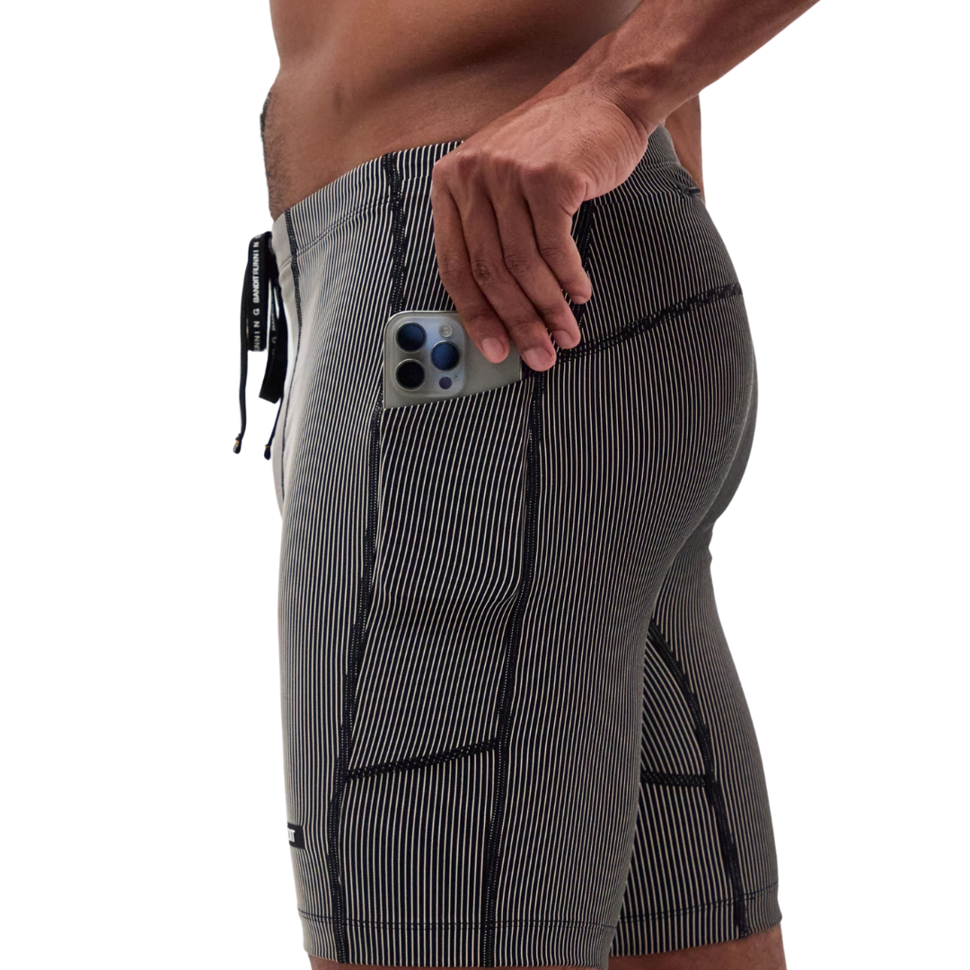 Bandit Running Striped Cadence™ 7 Pocket Half Tights - Black with Chalk